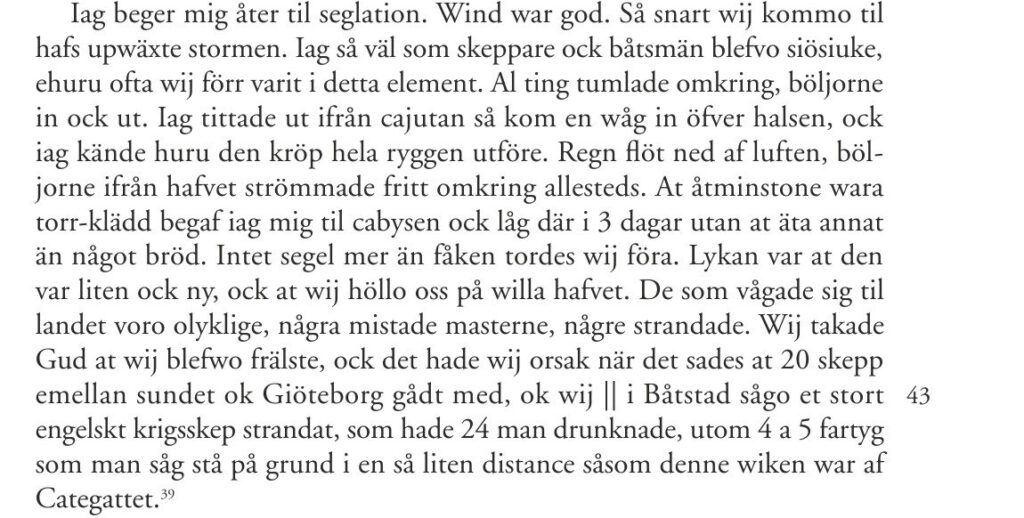 Sida 105 ur Anton Rolandsson Martins självbiografiska anteckningar om stormen och det strandade engelska krigsskeppet