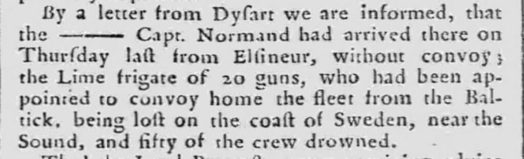 Brev från Dysart i Caledonian Mercury 1 november 1760 om att fregatten Lime förlist vid Sveriges kust