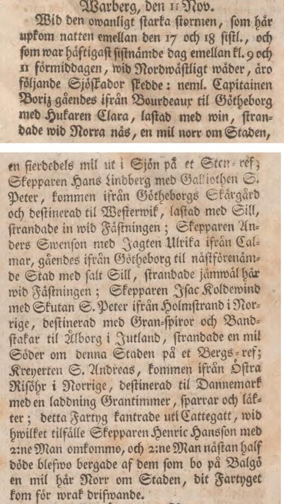 Rapport från Varberg i Inrikes Tidningar 26 november 1760 om stormen och strandade skepp