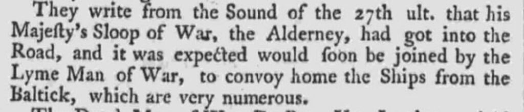 Notis i Jackson's Oxford Journal 11 oktober 1760 om Alderney och Lyme som ska eskortera hem Östersjöflottan