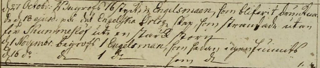 Utdrag ur Skummeslövs död- och begravningsbok 1760 om begravda engelsmän från örlogsskeppet