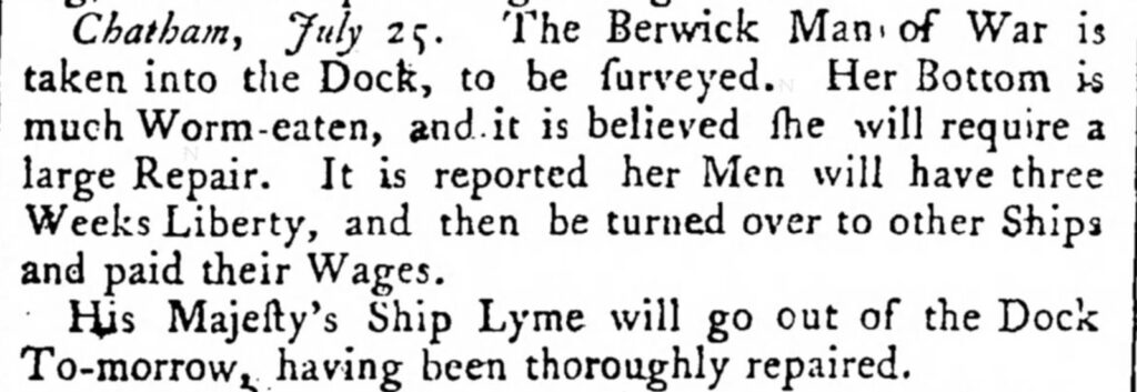 Notis i The Public Advertiser 28 juli 1760 om att HMS Lyme lämnar dockan i Chatham